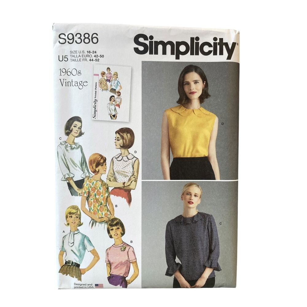 Simplicity S9386 Misses Blouses Tops Size 6-24 1960s Retro Sewing Pattern